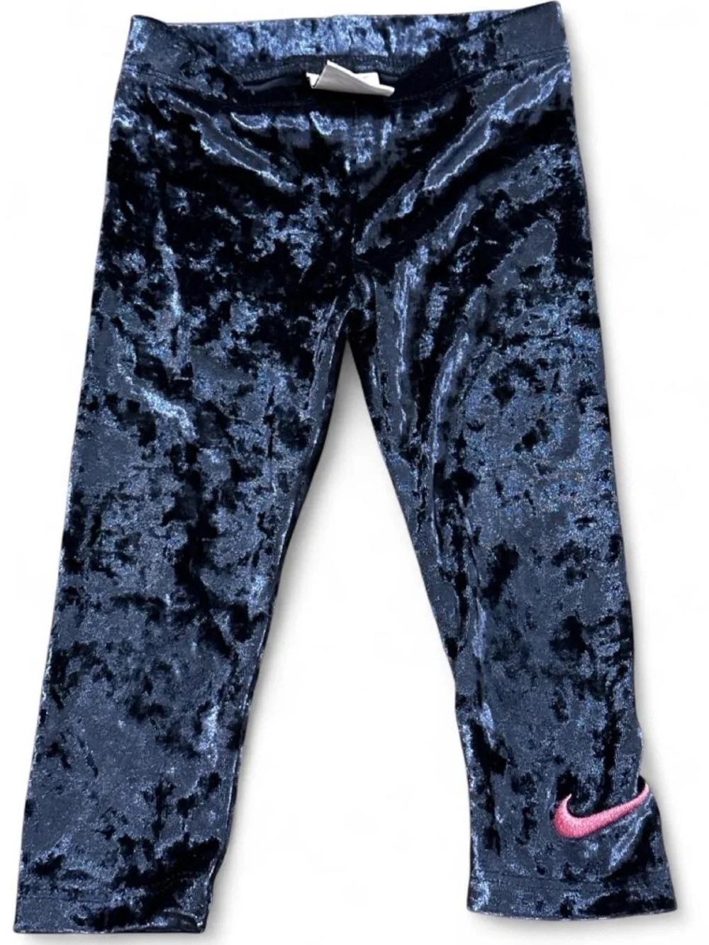 Nike Girls' Crushed Velvet Navy Leggings with Pink Swoosh